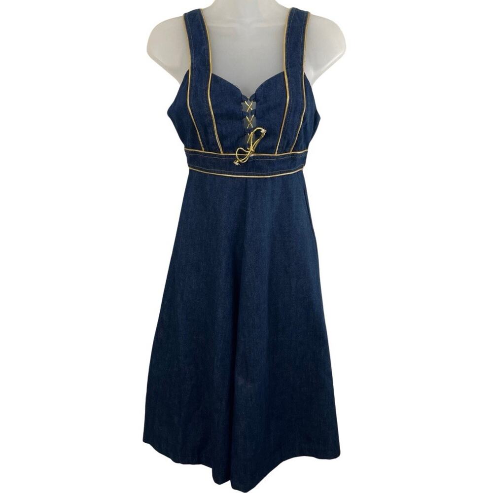 Vintage 70s If Of California Denim Lace-Up Midi Dress Women’s 7 Gold Trim